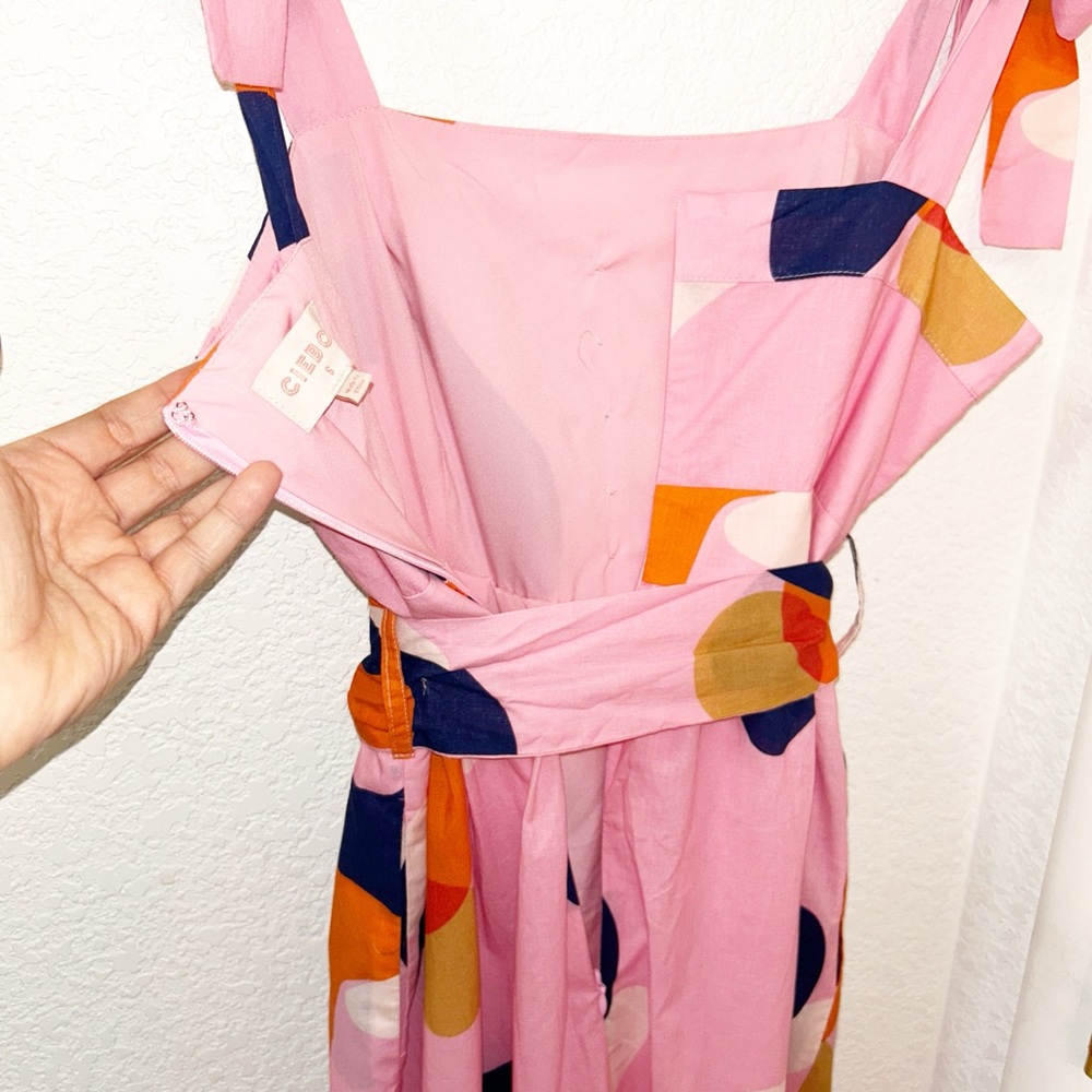 CIEBON The Roma 💯 Cotton Belted Maxi Dress Tie Straps Pink Abstract SZ: Small - Picture 14 of 15